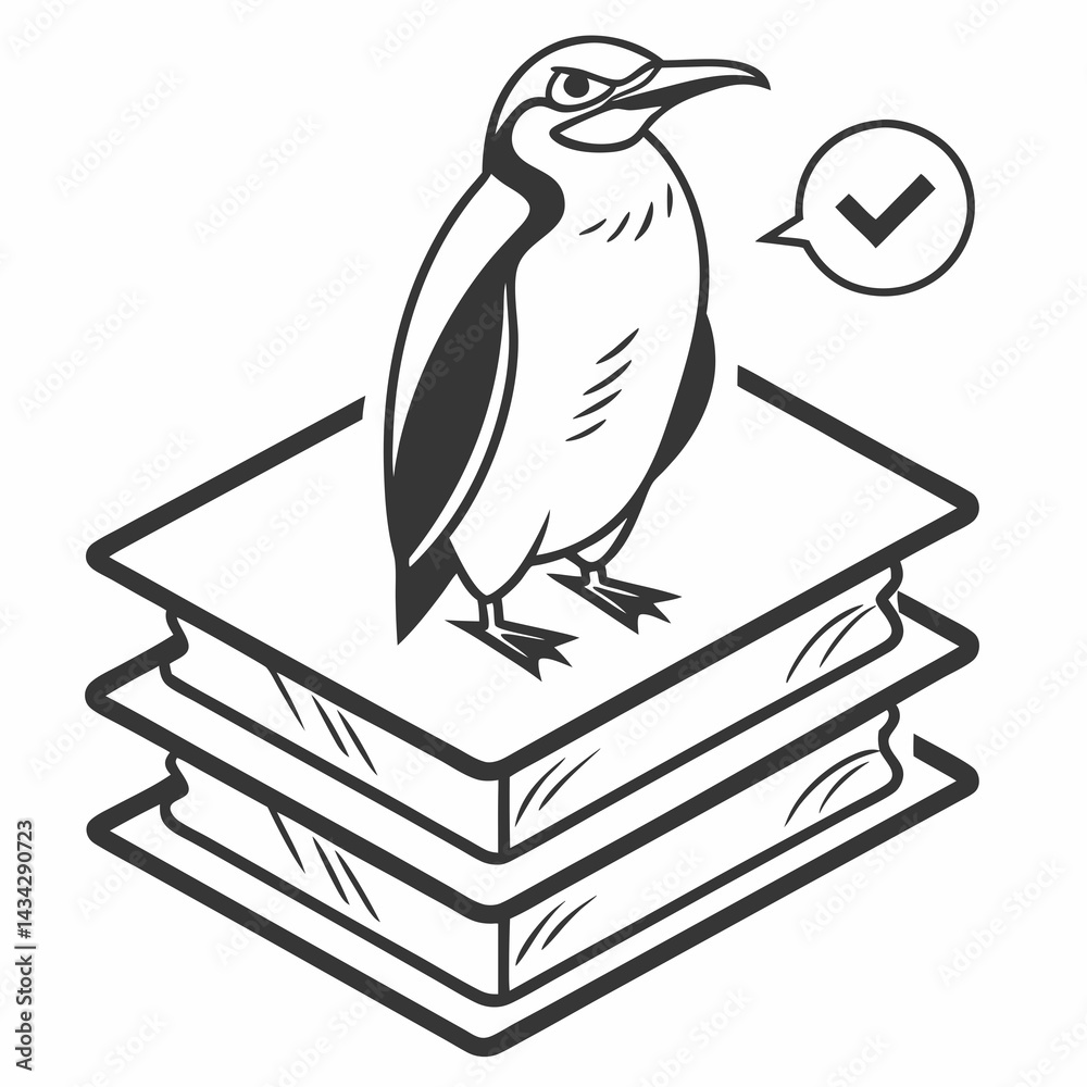 Naklejka premium Penguin On Stack Of Books Knowledge Acquisition And Validation Concept