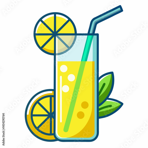 Lemonade Vector Illustration Featuring Lemon Slices Straw And Green Leaves