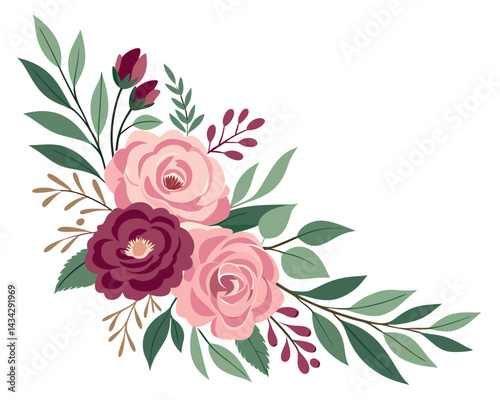 Elegant Floral Corner Design: Pink, Burgundy Roses and Greenery.
