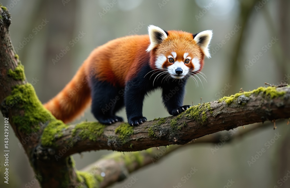 Naklejka premium Red panda walks on tree branch. Orange fur, black legs and fluffy tail. Mammal in natural habitat. Wildlife nature, arboreal animal, animal portrait. Cute bear-like creature.
