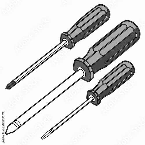 Three Screwdrivers Of Different Sizes And Types Isolated On White Background