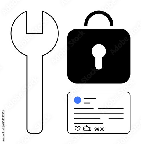 Wrench, padlock, and user profile card highlight data privacy, security, digital identity, and online tools. Ideal for cybersecurity, privacy settings, social networks IT tools identity protection