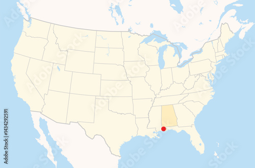 Location Map of the city Mobile in Alabama, USA. The state is marked orange and the city is highlighted with a red dot. No labels at all.