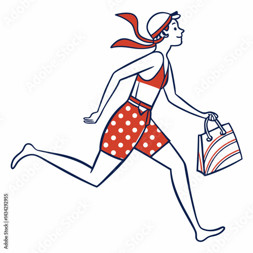 Retro Style Woman Running With Shopping Bag Illustration Vector Graphic