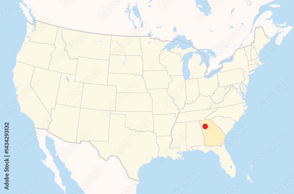 Obraz premium Location Map of the city Marietta in Georgia, USA. The state is marked orange and the city is highlighted with a red dot. No labels at all.