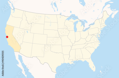 Location Map of the city Mountain View in California, USA. The state is marked orange and the city is highlighted with a red dot. No labels at all.