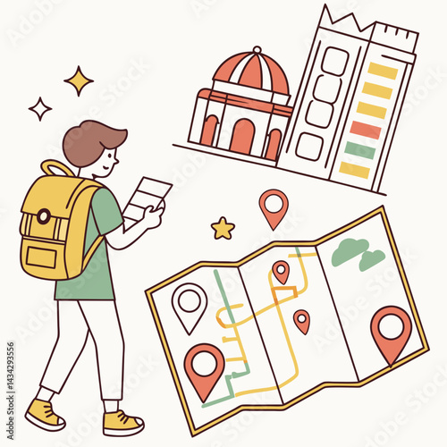 Traveler With Backpack Navigating With A City Map And Sightseeing Spots