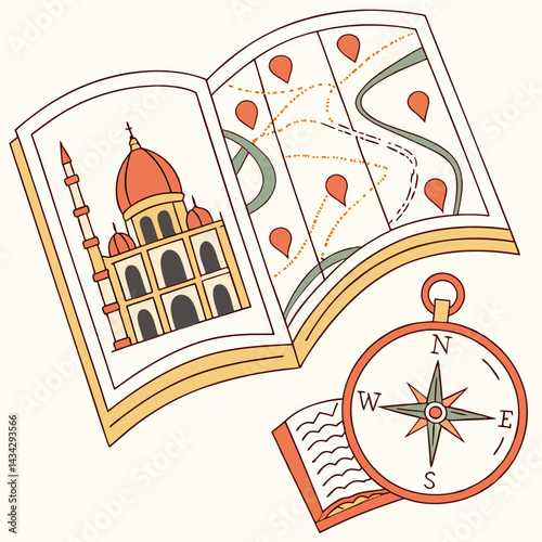 Travel Planning With Guidebook Map And Compass Adventure Illustration
