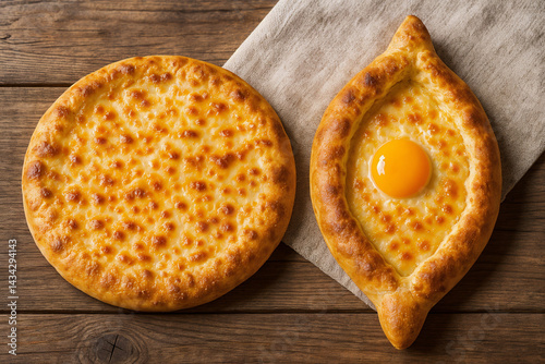 Adjarian and Megrelian Khachapuri on Rustic Wooden Table