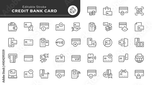 Credit bank card line icon set. Contactless online payment, transfer, transaction, online cash, pay, money, wallet. Outline vector icon in linear style. Series of pictograms.