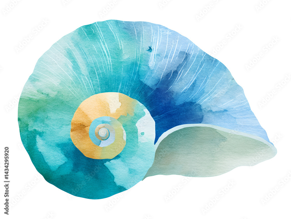 A shell with a blue and yellow swirl