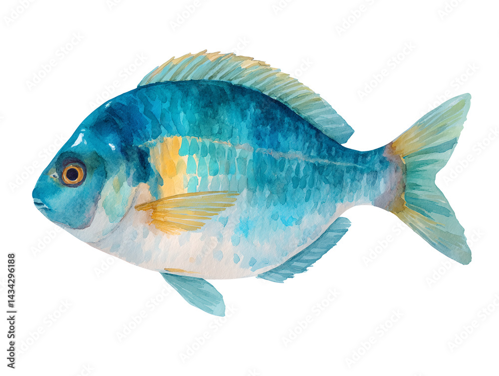 A blue fish with yellow stripes on its body