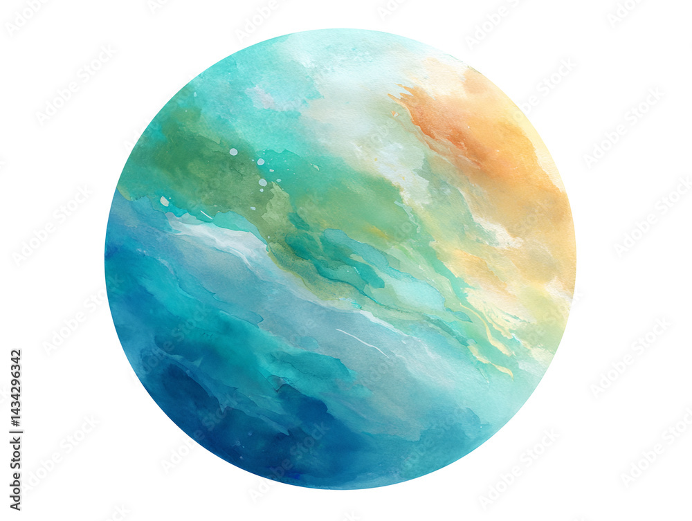 A blue and green painting of a planet