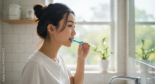 Wallpaper Mural asian woman lady girl brushing teeth with toothbrush and toothpaste on it Torontodigital.ca