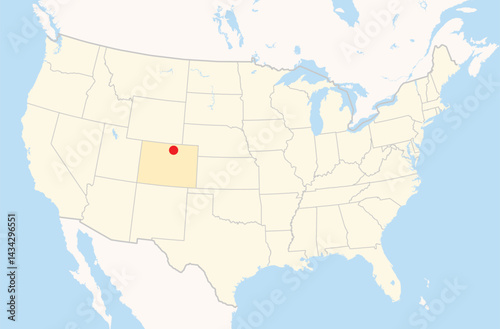 Location Map of the city Loveland in Colorado, USA. The state is marked orange and the city is highlighted with a red dot. No labels at all.