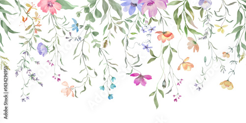 Watercolor seamless border with colorful wildflowers. Hand drawn illustration isolated on pastel background. Vector EPS.