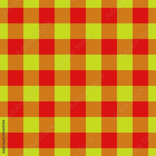 Full plaid textile background, funky seamless check pattern. Ethnicity texture tartan vector fabric in lime and red colors.