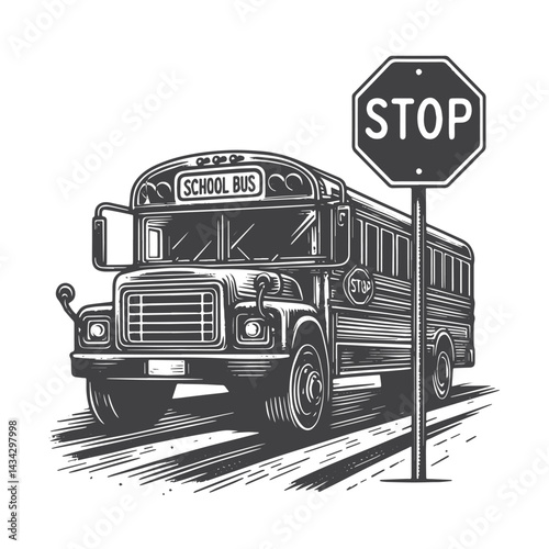 Vintage Hand-Drawn School Bus Stopped at Curb Illustration – Transportation Engraved Style Vector for T-Shirts, Posters, Stickers, and Automotive Apparel
