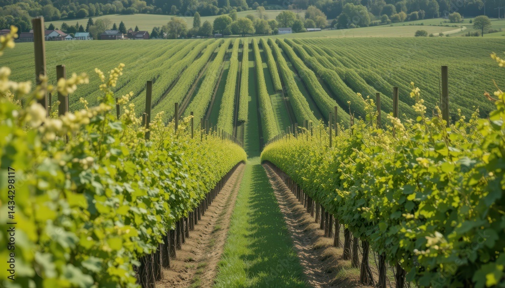 Naklejka premium Expansive Vineyard Rows Under Bright Blue Sky in Daylight