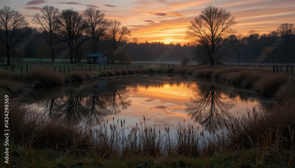 Obraz premium Serene Sunset Over Calm Pond Surrounded by Trees and Grasslands