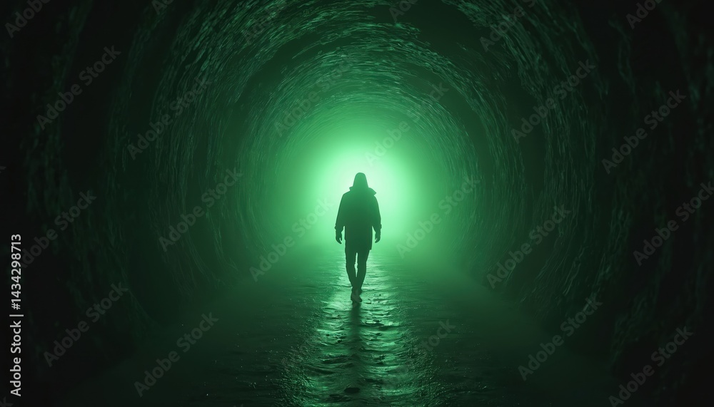 custom made wallpaper toronto digitalSilhouette of person walking through eerie green tunnel. Illuminated by otherworldly light, creating mysterious, horror ambiance. Dramatic, suspenseful scene of adventure, exploration into unknown.