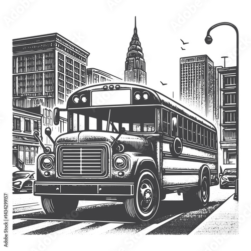Vintage Hand-Drawn School Bus at Crosswalk Illustration – Transportation Engraved Style Vector for T-Shirts, Posters, Stickers, and Automotive Apparel