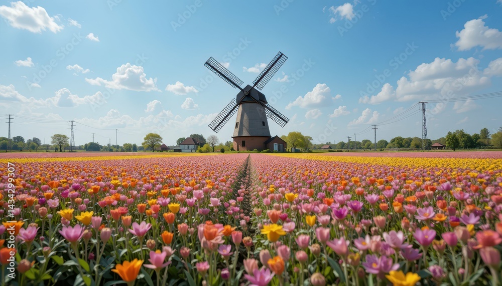Naklejka premium Vibrant Tulip Fields Surrounding Classic Windmill Under Blue Sky