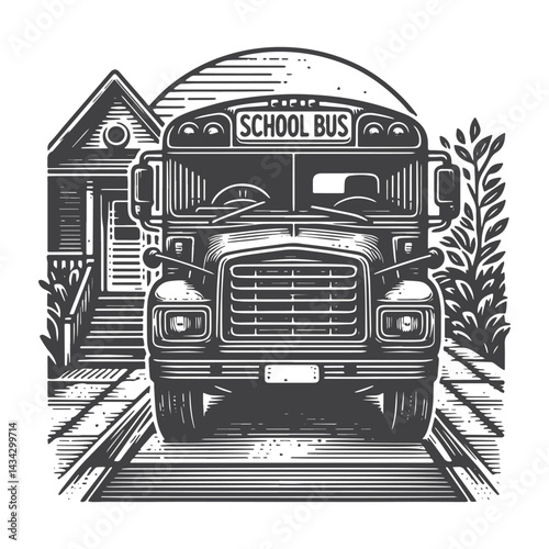 Vintage Hand-Drawn School Bus at Crosswalk Illustration – Transportation Engraved Style Vector for T-Shirts, Posters, Stickers, and Automotive Apparel