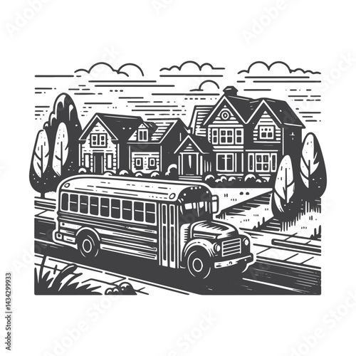 Vintage Hand-Drawn School Bus in Urban Street Illustration – Transportation Engraved Style Vector for T-Shirts, Posters, Stickers, and Automotive Apparel