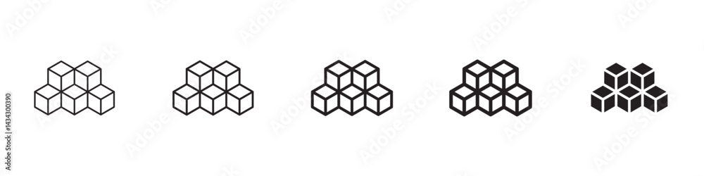 Cubes icons in black outline, solid and colored style Cubes icons in black outline, solid and colored style
