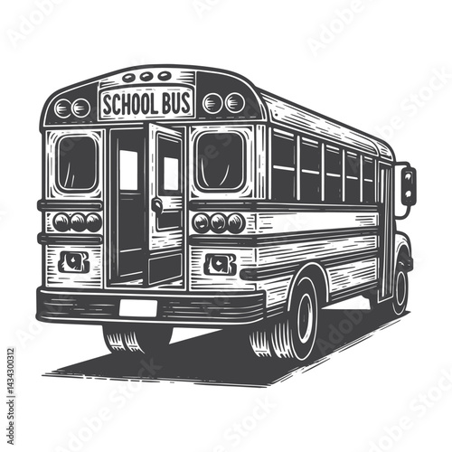 Vintage Hand-Drawn School Bus Rear View Illustration – Transportation Engraved Style Vector for T-Shirts, Posters, Stickers, and Automotive Apparel