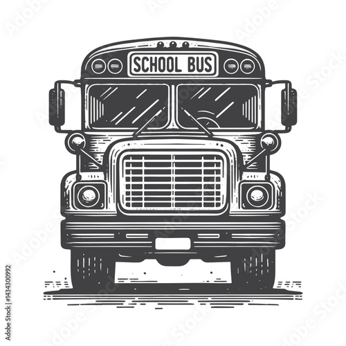 Vintage Hand-Drawn School Bus Front View Illustration – Transportation Engraved Style Vector for T-Shirts, Posters, Stickers, and Automotive Apparel