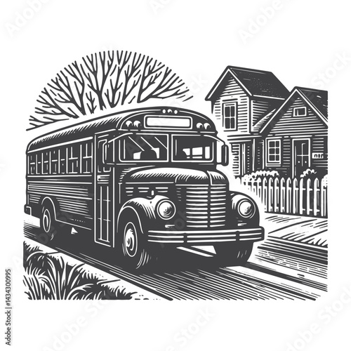 Vintage Hand-Drawn School Bus in Urban Street Illustration – Transportation Engraved Style Vector for T-Shirts, Posters, Stickers, and Automotive Apparel