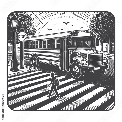 Vintage Hand-Drawn School Bus at Crosswalk Illustration – Transportation Engraved Style Vector for T-Shirts, Posters, Stickers, and Automotive Apparel