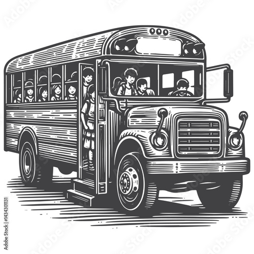 Vintage Hand-Drawn School Bus with Children Entering Illustration – Transportation Engraved Style Vector for T-Shirts, Posters, Stickers, and Automotive Apparel