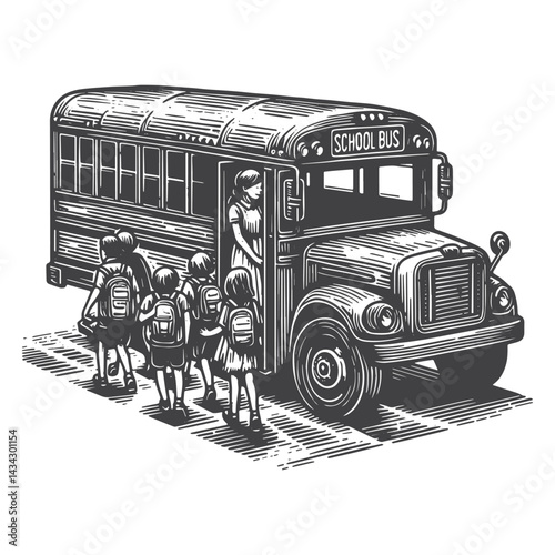 Vintage Hand-Drawn School Bus with Children Entering Illustration – Transportation Engraved Style Vector for T-Shirts, Posters, Stickers, and Automotive Apparel