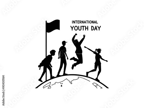 Happy children playing outdoors Youth Day, holliday under a whimsical rainbow. Silhouette illustration of three young people celebrating International Youth Day. A powerful graphic design celebrating 