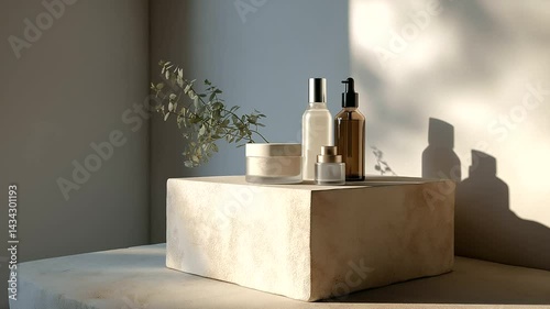 Wallpaper Mural Skincare Brand Display on Stone Pedestal with Soft Sunlight Torontodigital.ca