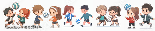 vector set of little boys and girls playing volleyball