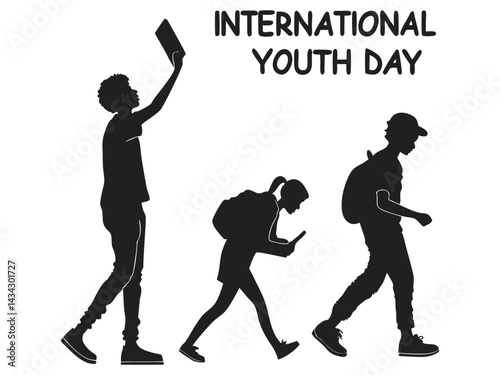 Happy children playing outdoors Youth Day, holliday under a whimsical rainbow. Silhouette illustration of three young people celebrating International Youth Day. A powerful graphic design celebrating 