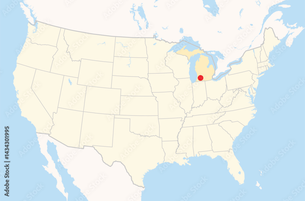 Obraz premium Location Map of the city Kalamazoo in Michigan, USA. The state is marked orange and the city is highlighted with a red dot. No labels at all.