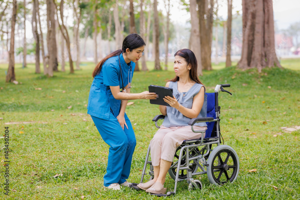 Fototapeta premium Amid the calming greenery of the hospital’s garden, a caring female physician provides thoughtful consultation and guidance on treatment for her patient.