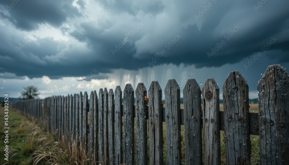 Obraz premium Dramatic Storm Clouds Over Rustic Wooden Fence and Open Landscape
