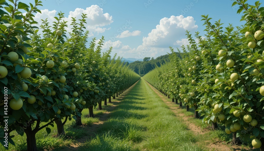 Fototapeta premium Lush Apple Orchard with Rows of Green Trees Under Clear Blue Sky
