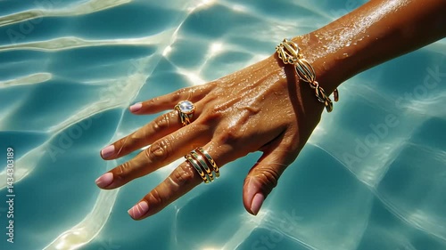 Golden Elegance, A Woman's Hand Adorned with Jewelry in Tranquil Waters