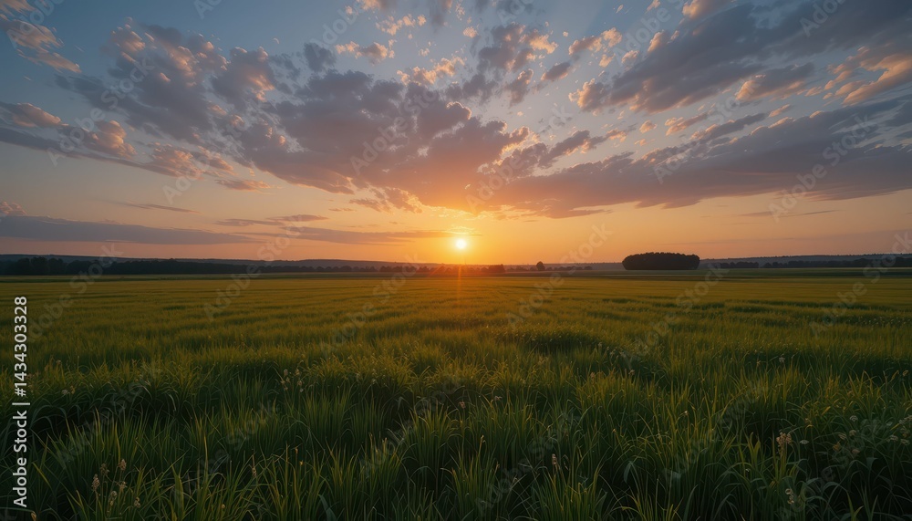 Fototapeta premium Serene Sunset Over Lush Green Rice Fields Under Expansive Sky
