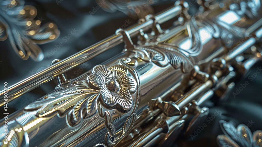 Fototapeta premium A close-up shot highlighting the intricate floral engravings and polished silver keys of a saxophone.