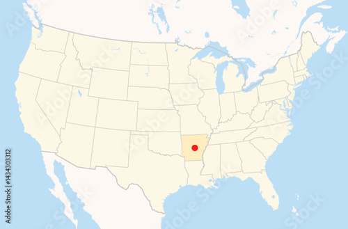 Location Map of the city Little Rock in Arkansas, USA. The state is marked orange and the city is highlighted with a red dot. No labels at all.