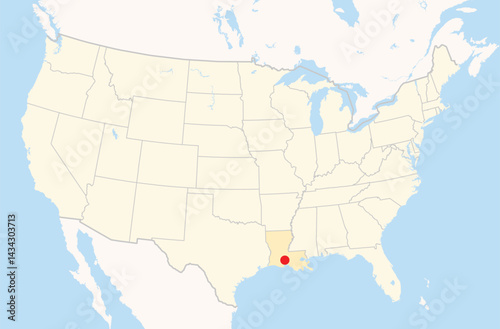 Location Map of the city Lafayette in Louisiana, USA. The state is marked orange and the city is highlighted with a red dot. No labels at all.