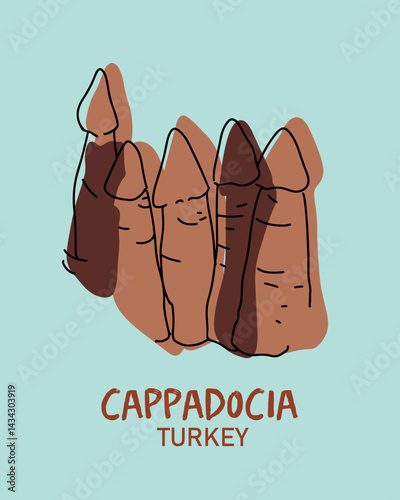 Stone pillars of Cappadocia. Vector illustration liner hand drawn art.